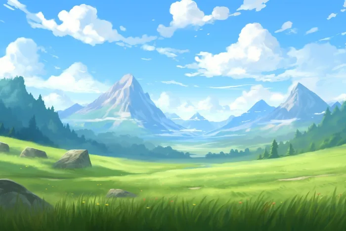 卡通插画春天蓝天白云下的草原山川(4032x2688)