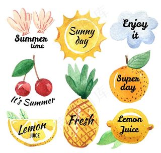 8款水彩绘夏季艺术字元素矢量图