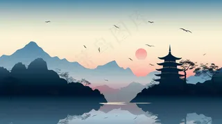 中国山水水天一色水墨画插画 