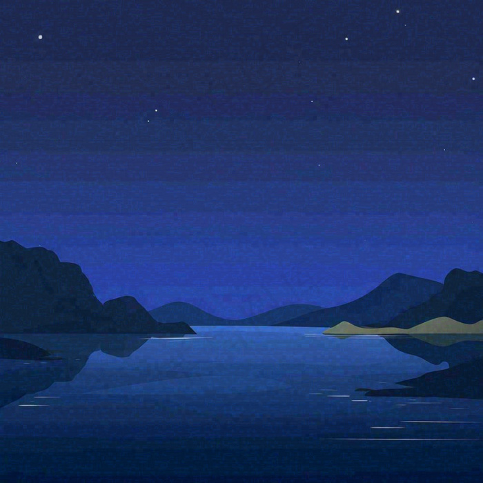 夜晚河面星空月亮唯美夜景扁平插画手绘(1024x1024)