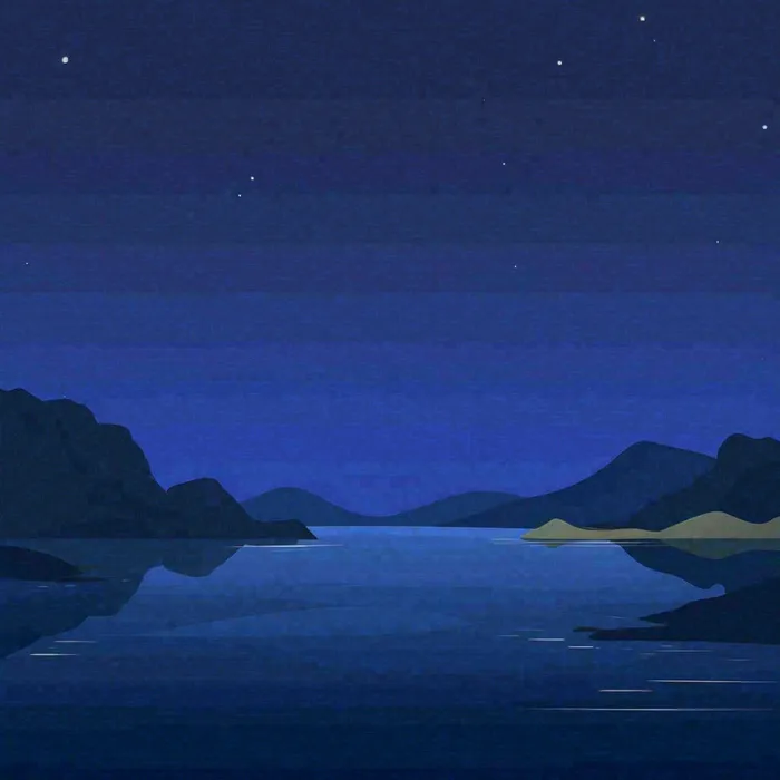 夜晚河面星空月亮唯美夜景扁平插画手绘(1024x1024)