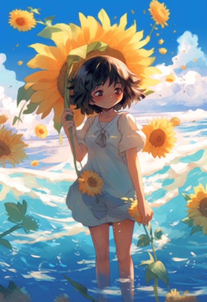 海边拿着向日葵的女孩插画背景