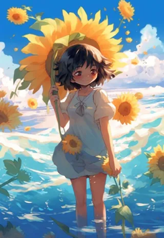 海边拿着向日葵的女孩插画背景