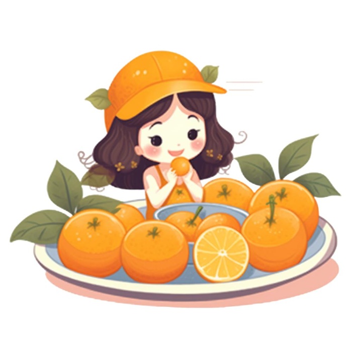 在橙子盘子里的女孩插画免抠(1024x1024)