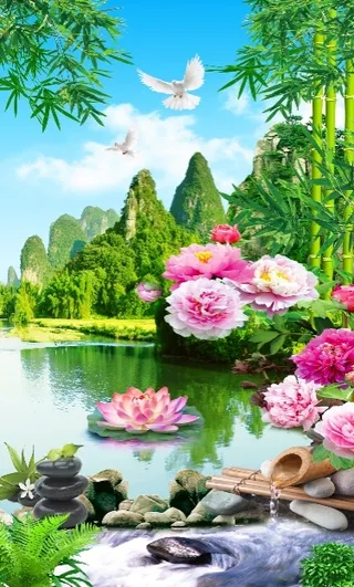 竹子牡丹花绿湖荷花玄关