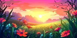 春天夕阳花丛草丛森林手绘插画海报素材背景