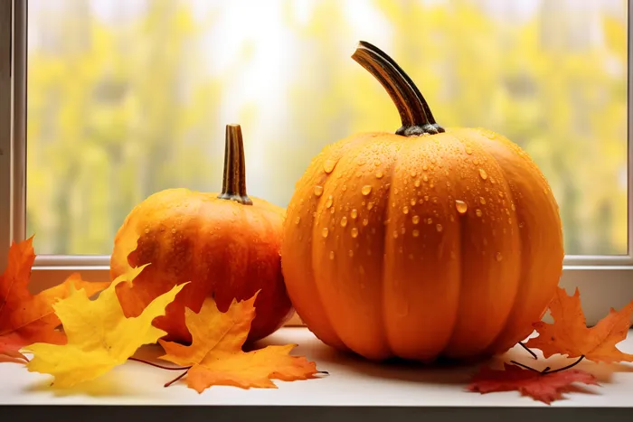 窗户飘窗上的落叶和黄色的南瓜摄影图(4032x2688)