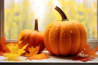窗户飘窗上的落叶和黄色的南瓜摄影图