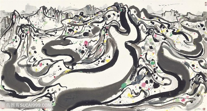 吴冠中手绘水墨山脉高清装饰画