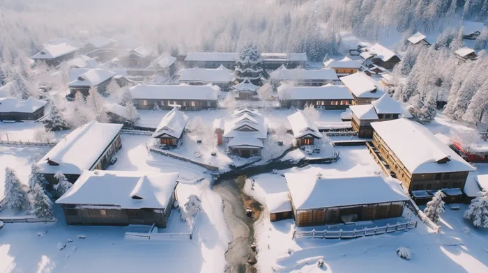 冬天白雪覆盖的小村庄雪景摄影图(4368x2448)