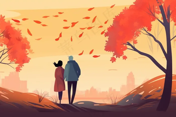 秋季夫妇依偎黄叶纷飞重阳插画素材背景(x)
