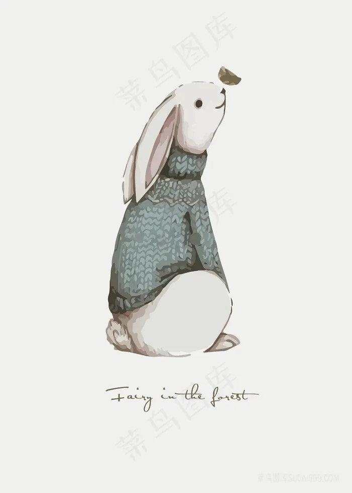 手绘兔子时尚插画