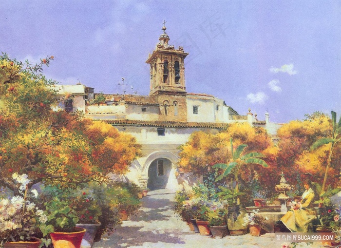 唯美建筑水彩树艺术风景画