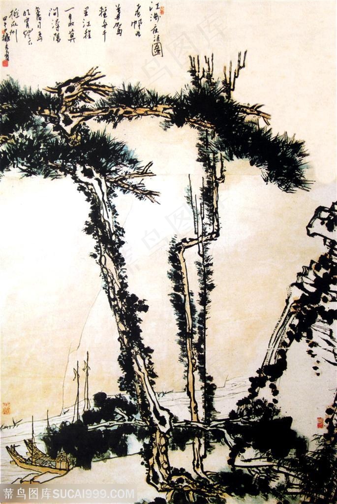 国画名家作品-潘天寿的江洲夜泊图