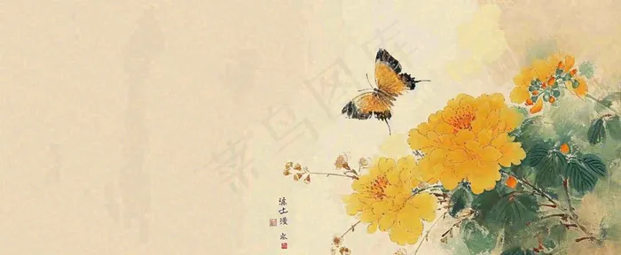 温馨纹理橙色花朵鲜花蝴蝶意境唯美渐变，中国风(1712x704)