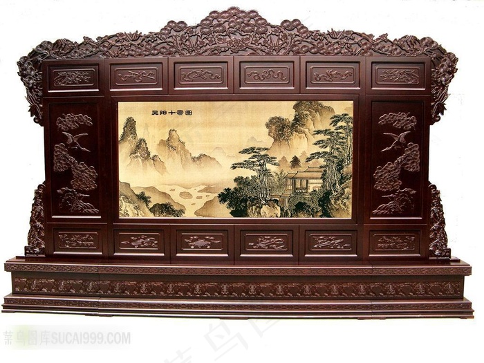 中国风木雕山水画屏风素材
