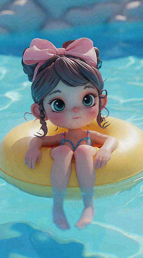 夏天泳池玩耍泳衣女孩，小暑大暑 夏至(816x1472)