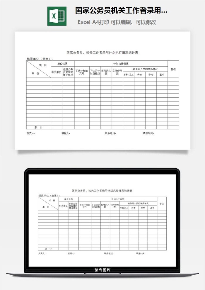 国家公务员机关工作者录用计划执行情况统计表excel模板