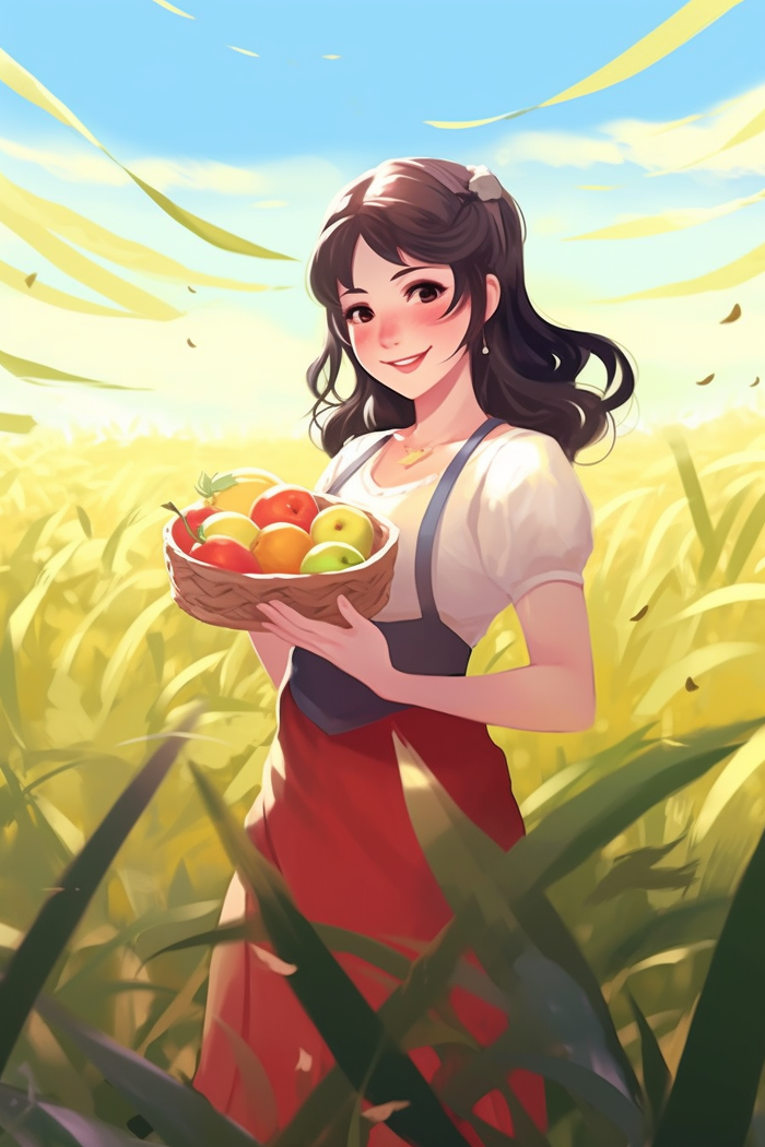 秋天少女抱着成熟的瓜果在菜园里卡通插画素材(x)