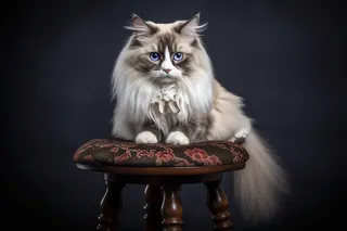 一只可爱的猫咪长毛坐着凳子上摄影图