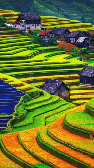 春天唯美绿色梯田种植，乡村小屋，谷雨摄影图