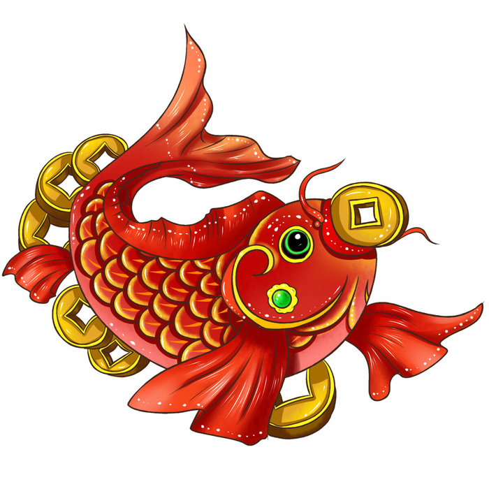 手绘国潮古风喜庆铜钱锦鲤鱼金鱼荷花插画场景装饰PSD设计素