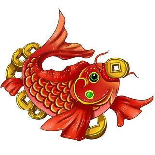 手绘国潮古风喜庆铜钱锦鲤鱼金鱼荷花插画场景装饰PSD设计素