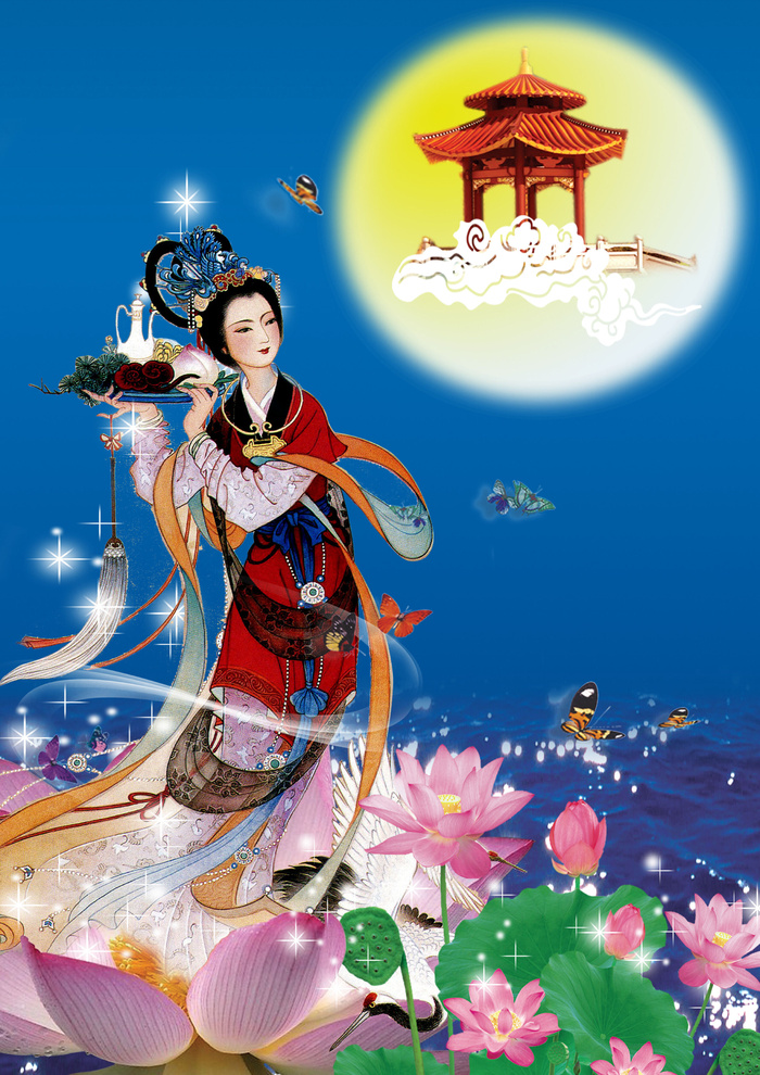 蓝色月亮中秋节仙女装饰画