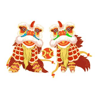 新年春节虎年元宵手绘人物舞狮卡通狮子头插画元素PSD设计素材