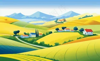 乡村村庄美丽风景河流插画农田插画背景