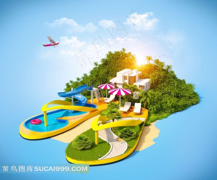 蓝天下的拖鞋与树木创意高清图片