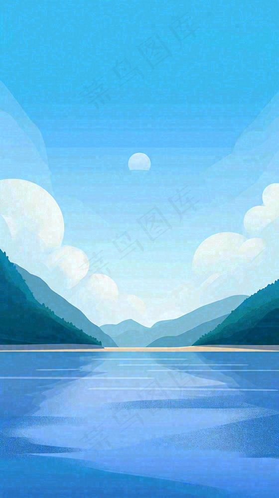 夏天蓝色扁平卡通插画蓝天白云湖水远山(816x1456)