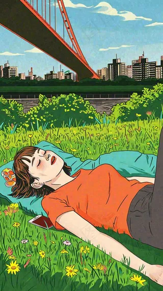 城市阳光蓝天白云人物在草地风景手绘插画，休闲