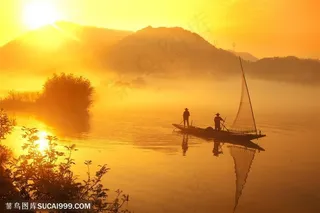 晨雾渔歌黄昏清晨薄雾江南渔船太阳山川
