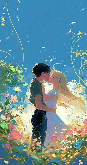 蓝天白云下情侣拥抱亲吻爱情，鲜花小草，情清新人节