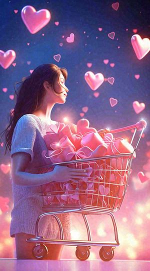 爱心购物车礼物浪漫粉色手推车，3D插画