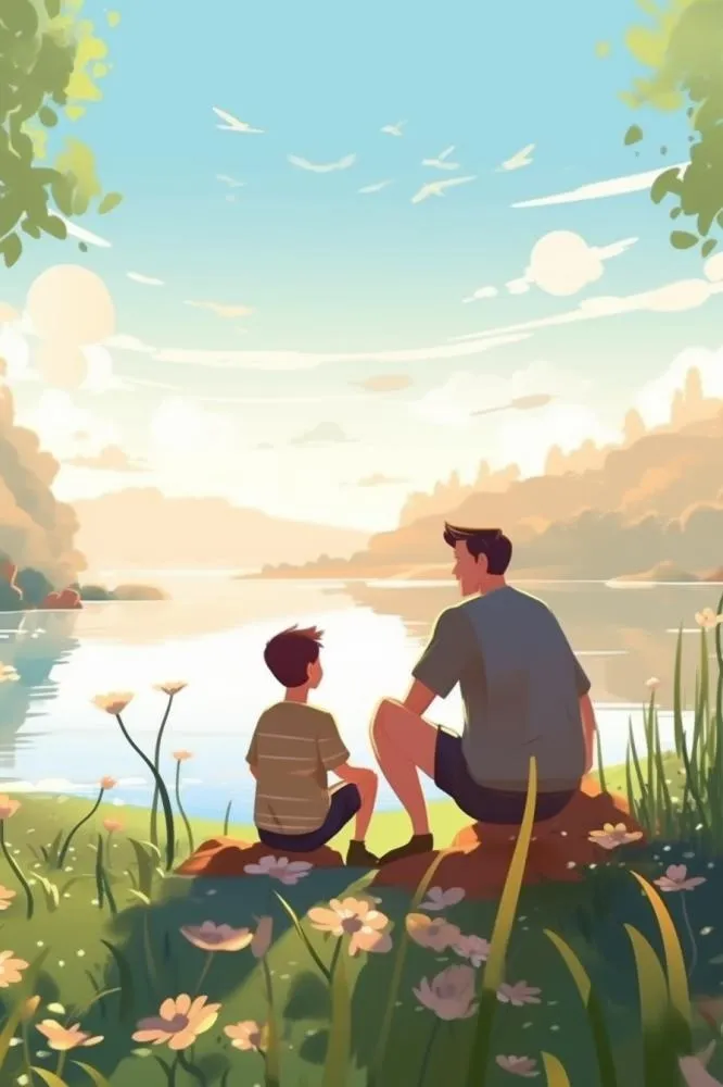父子河边玩耍钓鱼插画背景(896x1344)