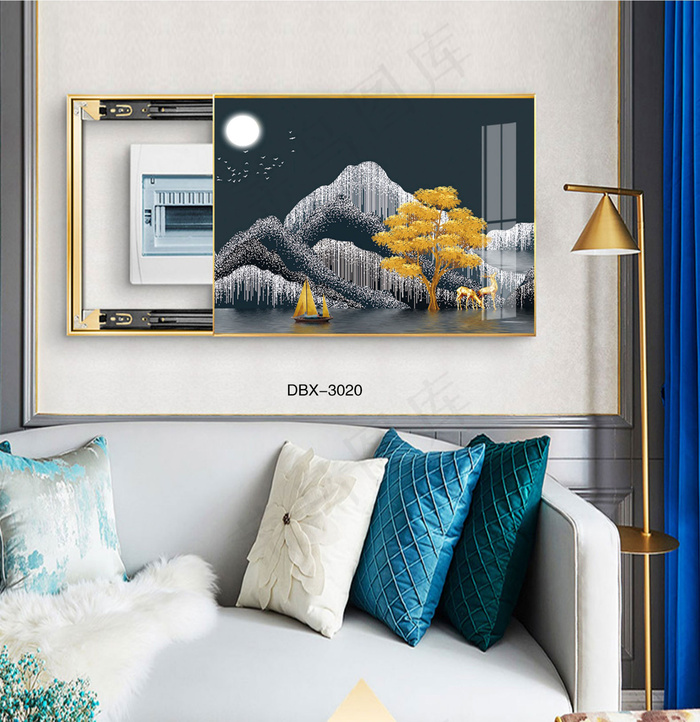 大气时尚家居室内装饰场景客厅沙发卧室电表箱壁画背景图装饰画山水金鹿月夜