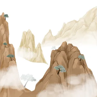 中国风国潮山水插画祥云中式手绘烫金线条元素png装饰背景PSD素材