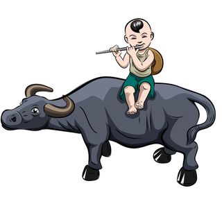  清明清明节卡通牧童吹笛子场景