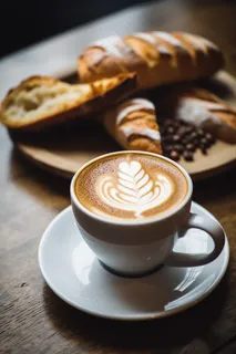 下午茶咖啡拉花面包牛角包摄影图 下午茶咖啡拉花面包牛角包摄影图