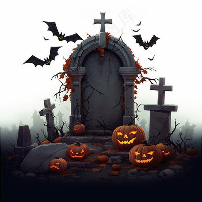 万圣节南瓜灯坟墓墓地蝙蝠恐怖黑暗插画素材背景