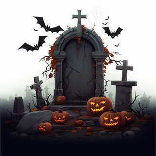 万圣节南瓜灯坟墓墓地蝙蝠恐怖黑暗插画素材背景