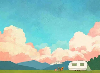 春天夏日清新草坪房车旅行露营玩耍手绘插画