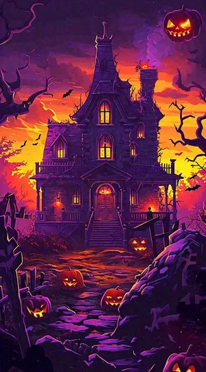 万圣节恐怖城堡南瓜夜晚暗紫色卡通节日
