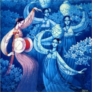 蓝色手绘古典美女