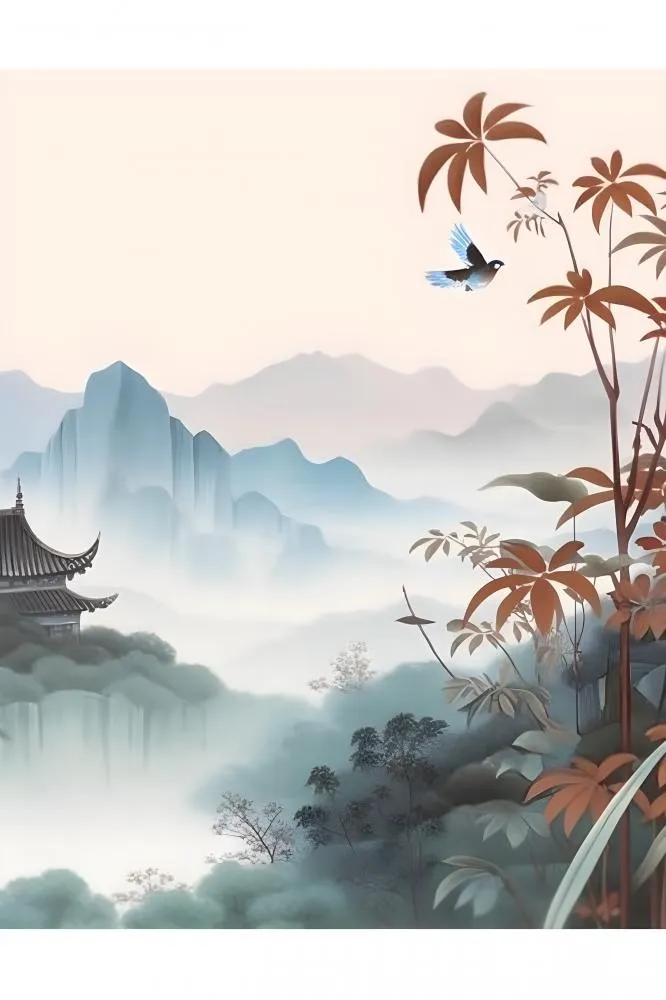古风山水画迎客松鸟水墨画背景(2688x4032)