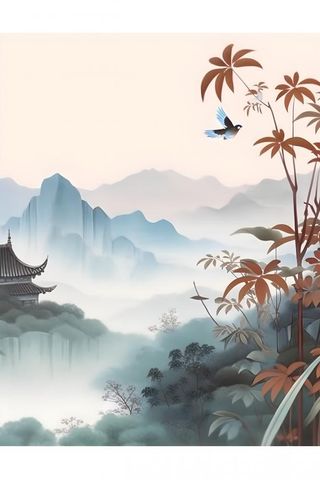 古风山水画迎客松鸟水墨画背景