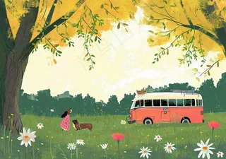 清新可爱春日郊游旅行房车粉绿蜡笔插画手绘草坪，惊蛰春分