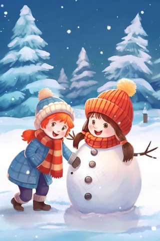 下雪天堆雪人保暖帽子围巾卡通插画素材背景
